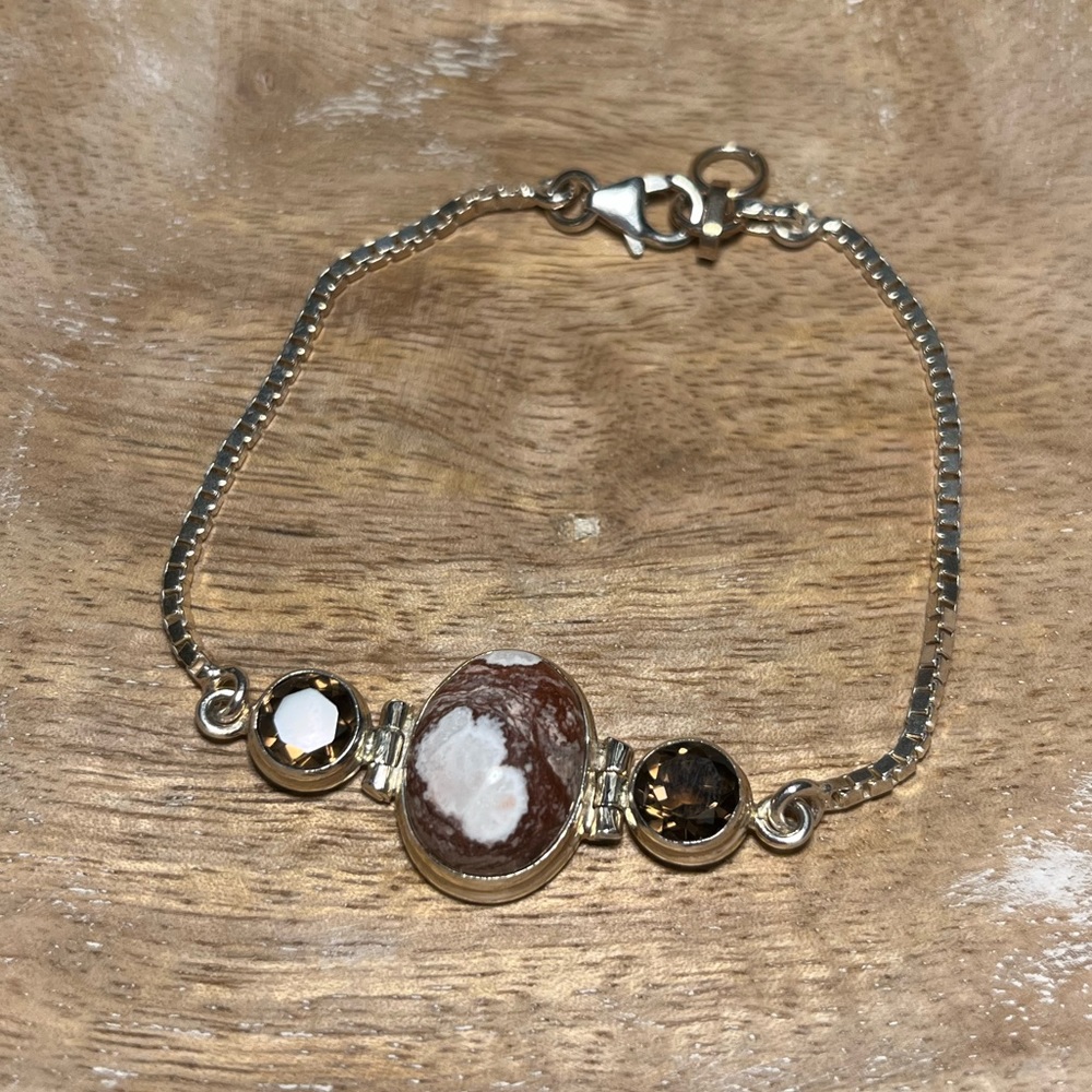 Agate & Smoky Topaz Stone Box Chain 925 Sterling Silver Bracelet